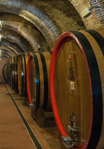 Wine barrels in a cellar