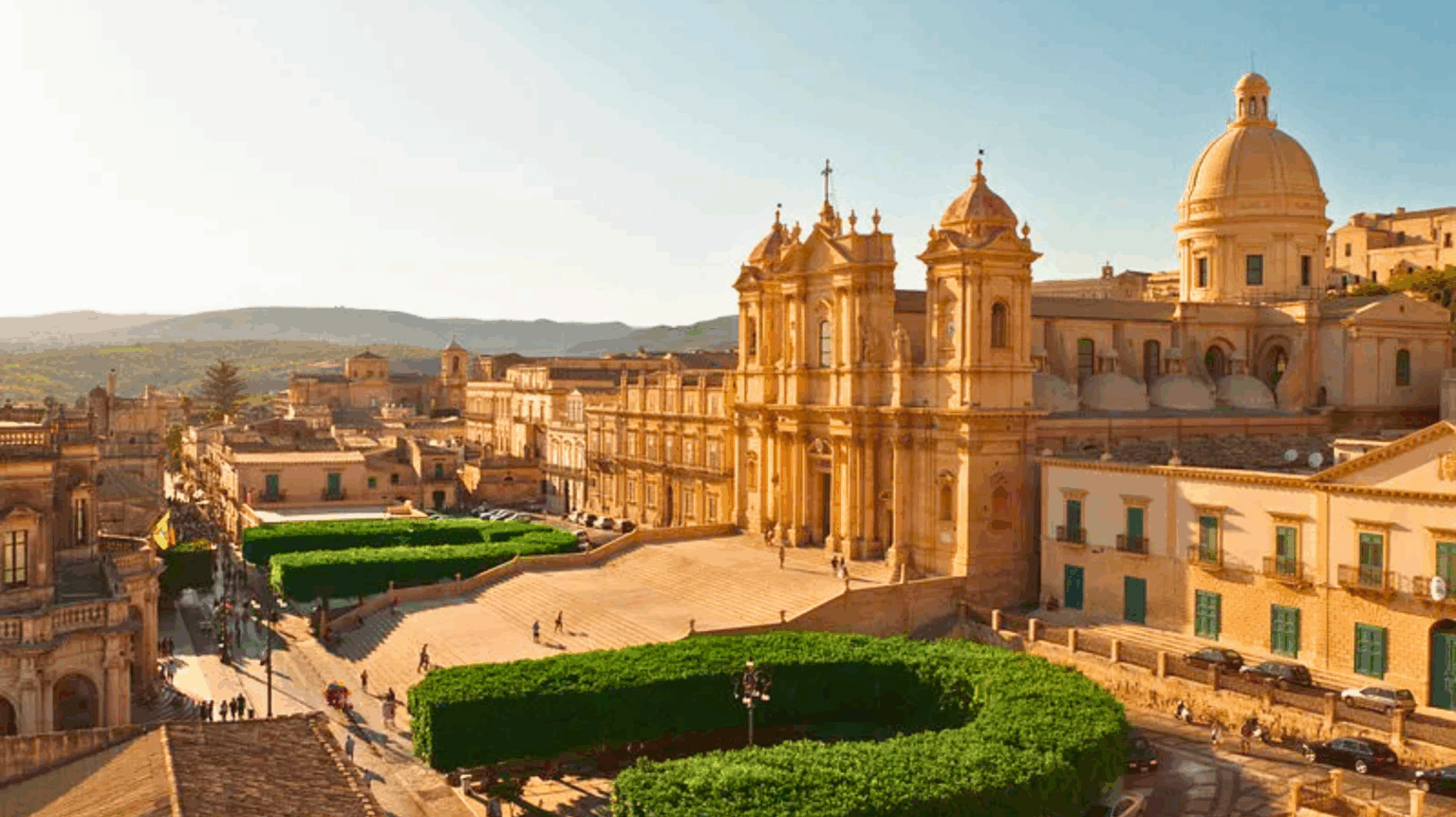 A scenic view of Noto in southern Sicily, known for Baroque beauty and rich agriculture.