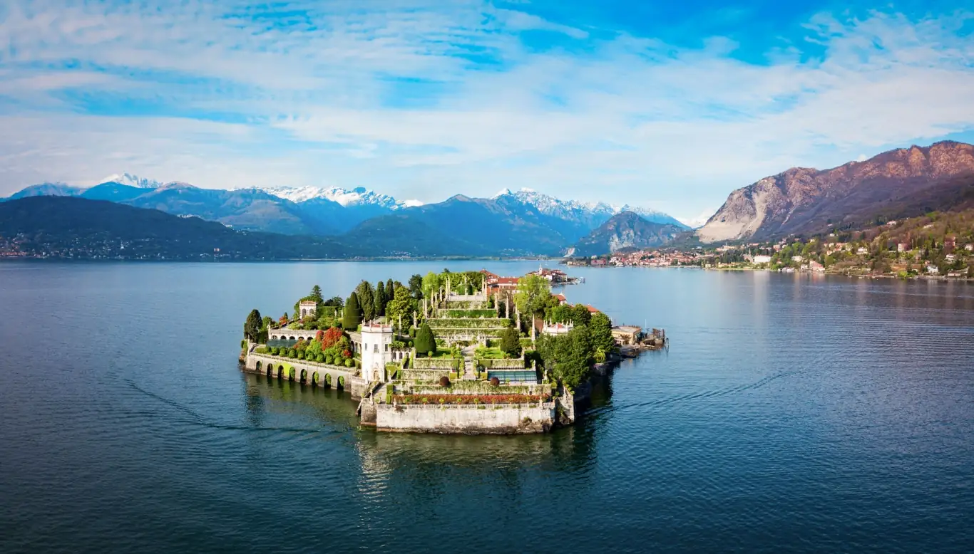 Sunset over Lake Maggiore seen from the shore in Piedmont, Italy