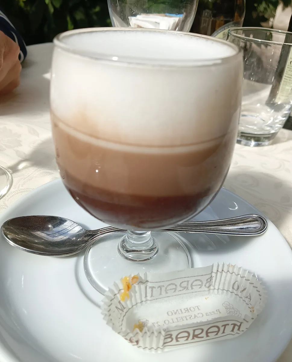 A bicerin in Turin, with its layers of hot chocolate, coffee and cream