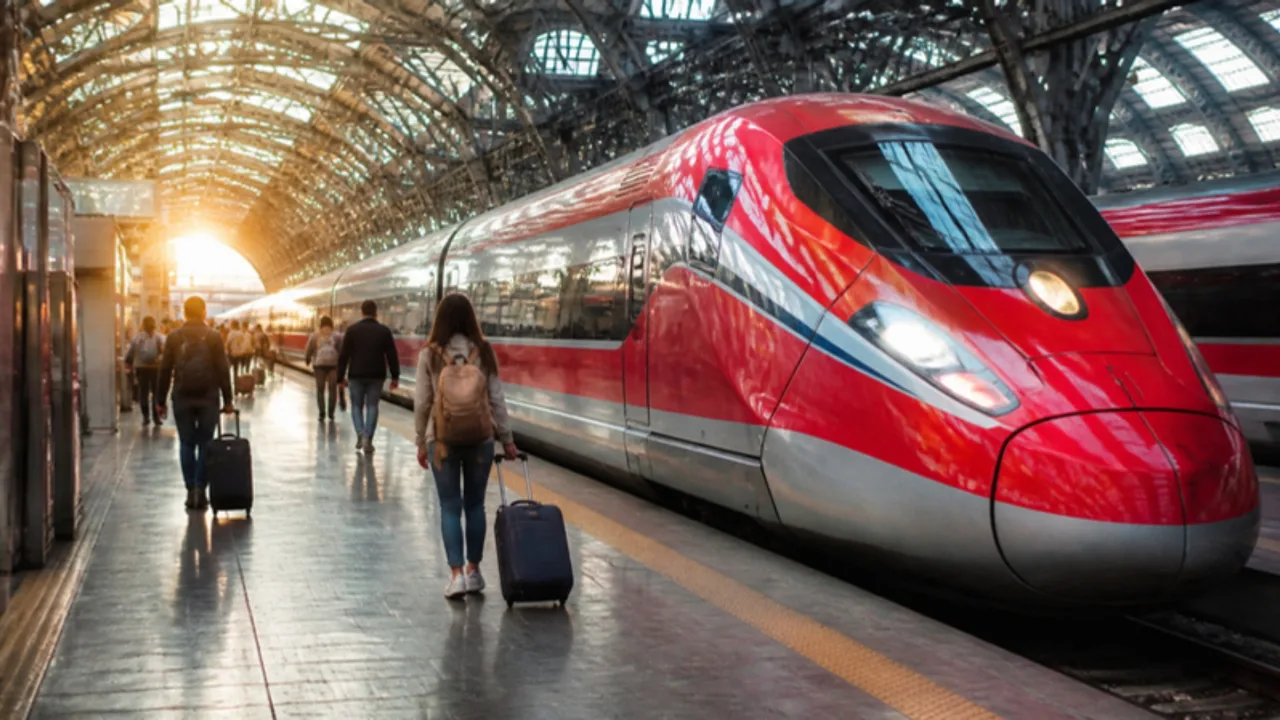 A red high-speed train at a station platform with travelers pulling suitcases