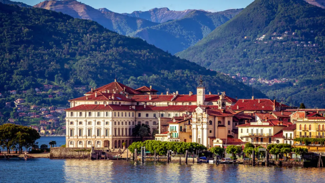Palazzo Borromeo on Isola Bella, Lake Maggiore, with mountains behind