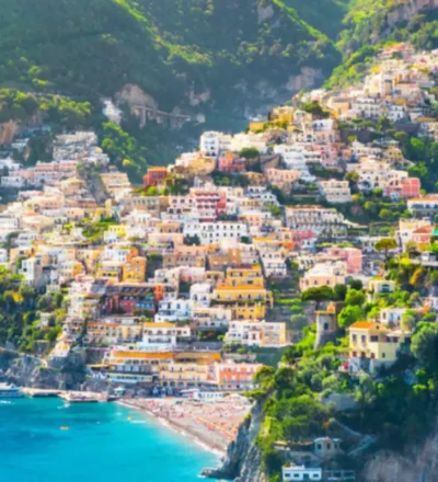 Positano on the Amalfi Coast, with colorful houses climbing the cliffs above the beach